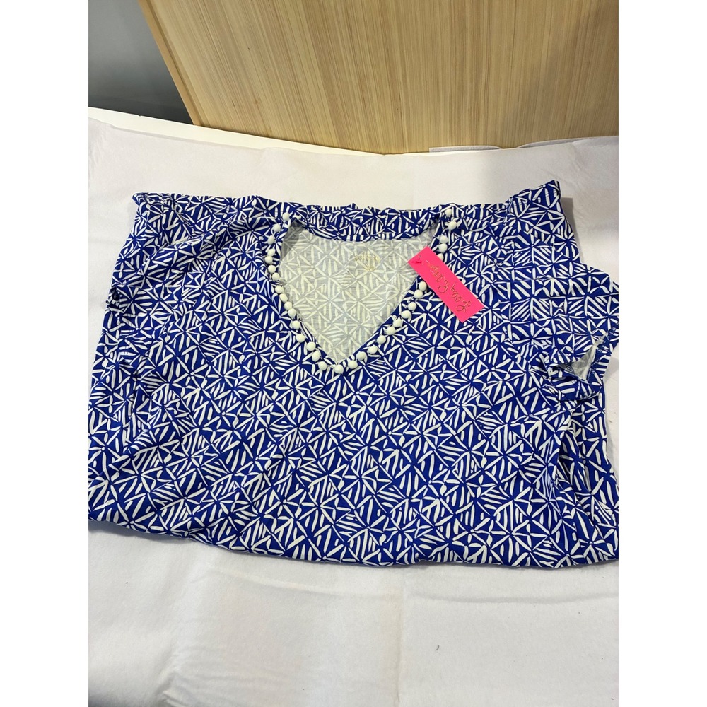 Lilly Pulitzer Etta Dress XXL Corsica Blue Easy Peasy Pom Pom V-Neck New